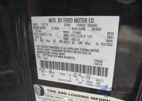 2011 Ford F-150 Xlt из США, поврежденный, VIN 1FTFW1EF4BFA39072